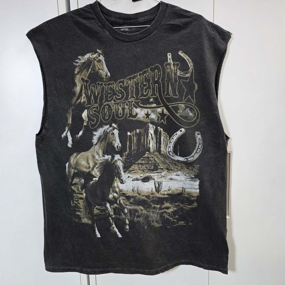 Nova Men Western Soul Sleeveless T-Shirt Size L Washed Black